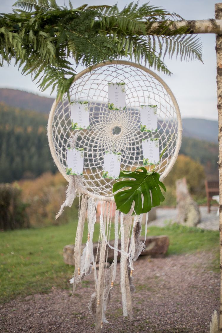 Sitzplan als Traumfänger, Tischkarten im Greenery Style